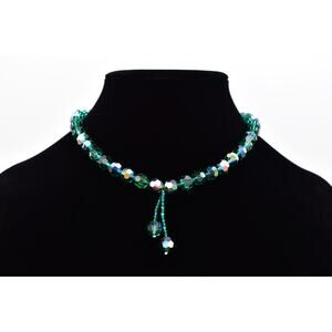 KALAN Vintage Green Aurora Borealis Crystal Necklace USA Beaded Signed 80s BinBC